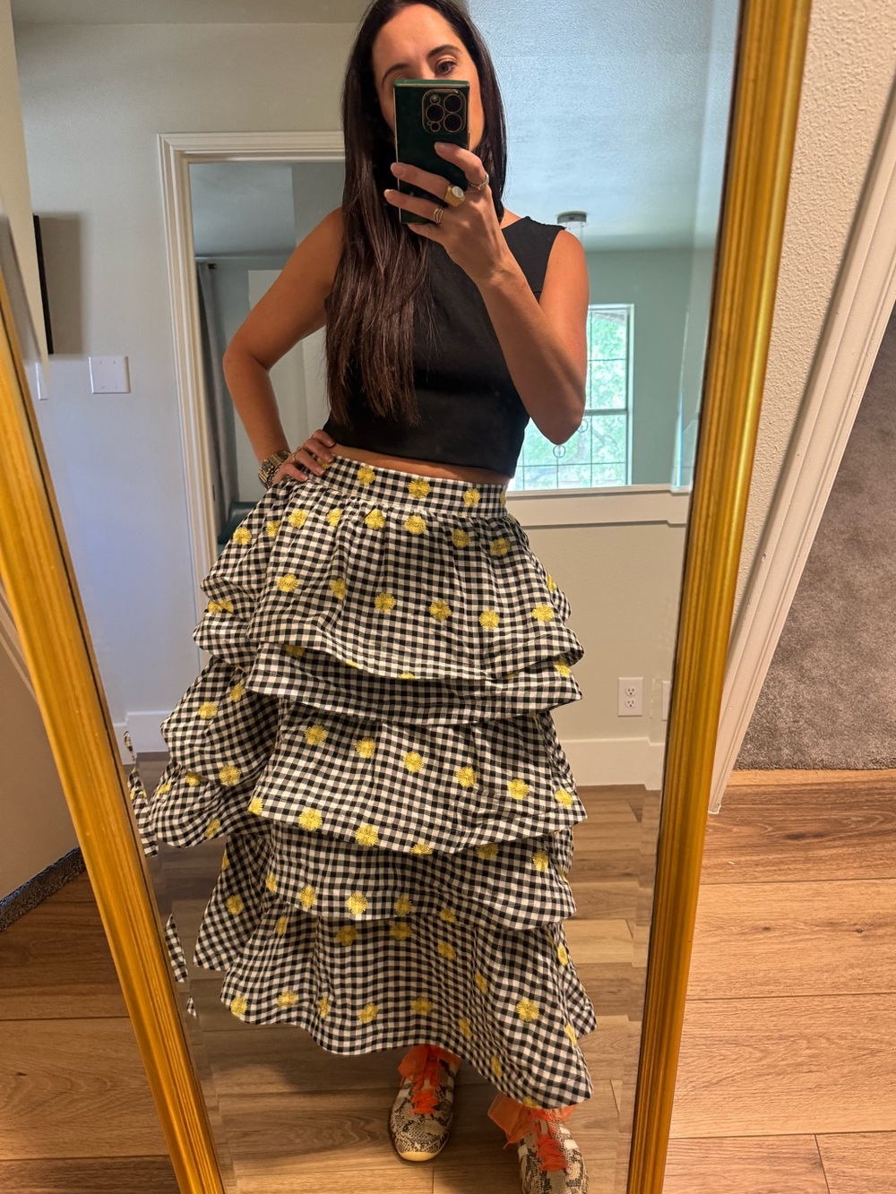 Black & White Gingham Midi Skirt with Yellow Floral Embroidery